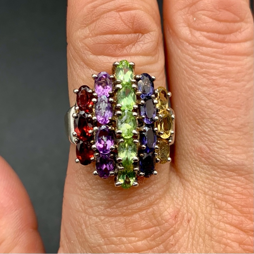 Vtg Large Statement Multi Gemstone Ring Size 8 92… - image 2